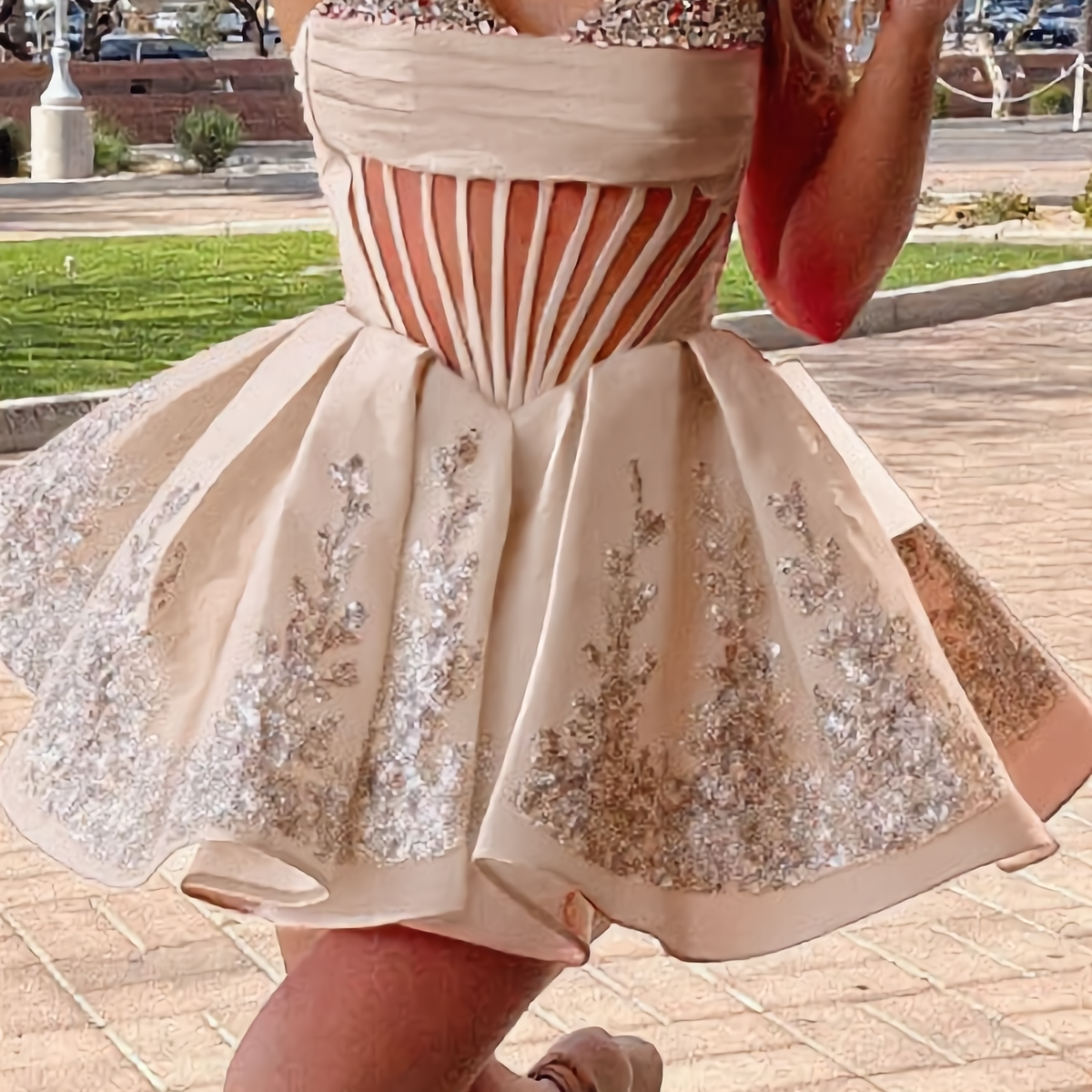 Rhinestone A-Line Satin Homecoming Dress — Pleated
