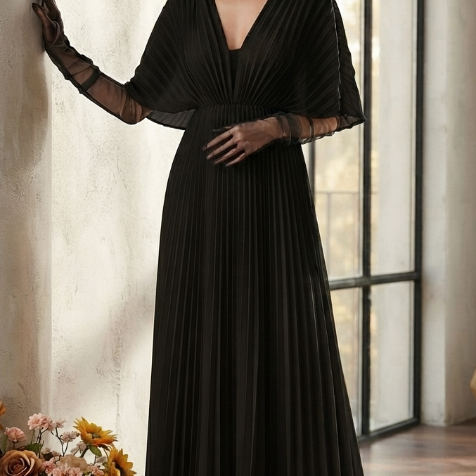 Pleated V-Neck Maxi Dress with Long Sleeves