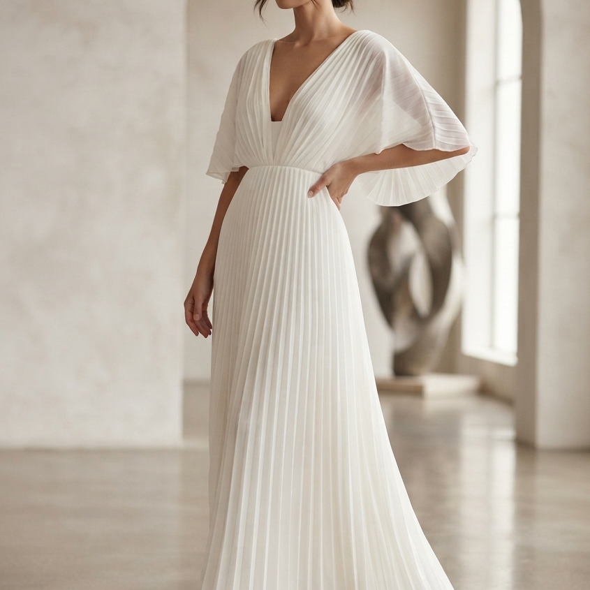 Pleated V-Neck Maxi Dress with Long Sleeves