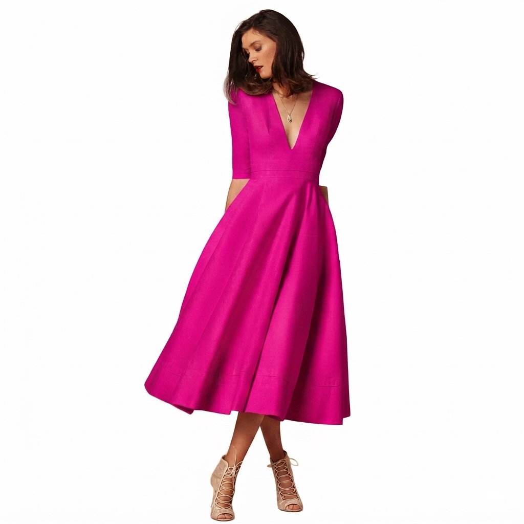 Woven Midi Dress with Deep V-Neck and Pleated Skirt