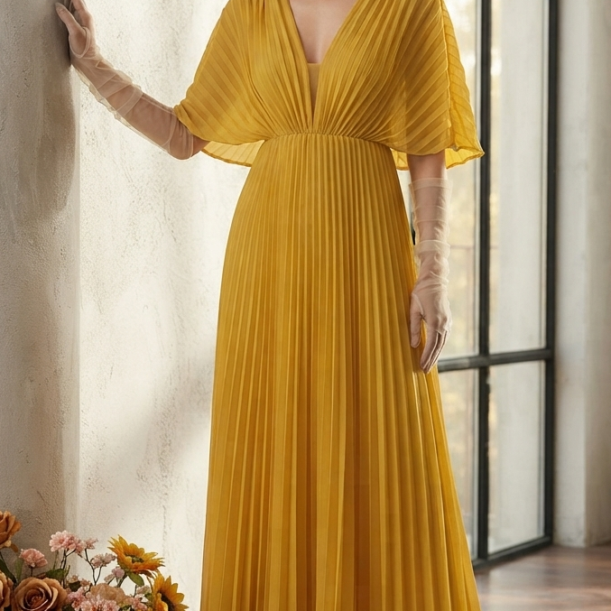 Pleated V-Neck Maxi Dress with Long Sleeves