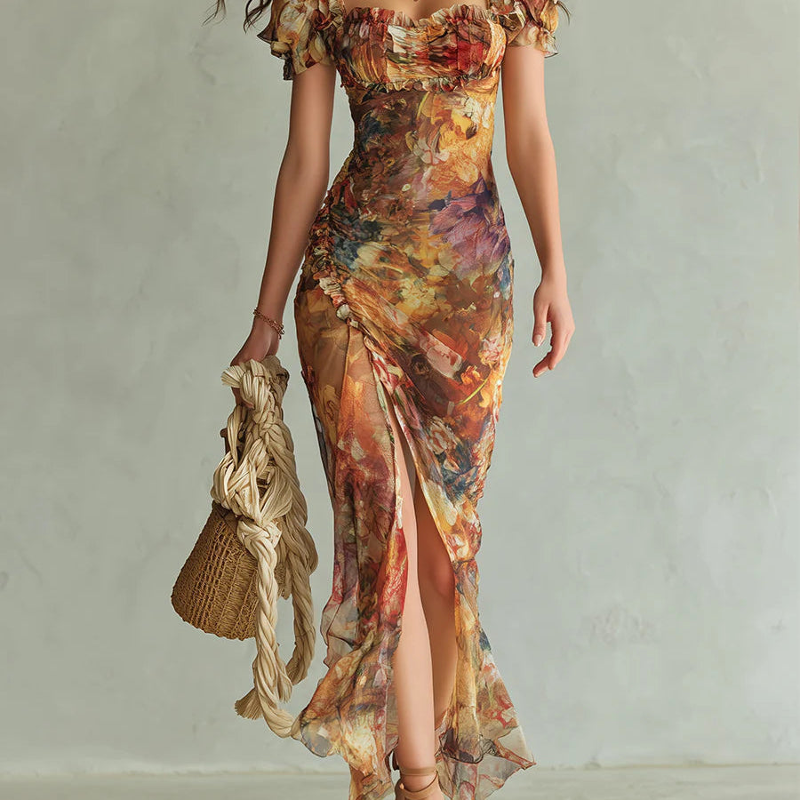 Oil-Painting Floral Maxi Dress with Short Sleeves