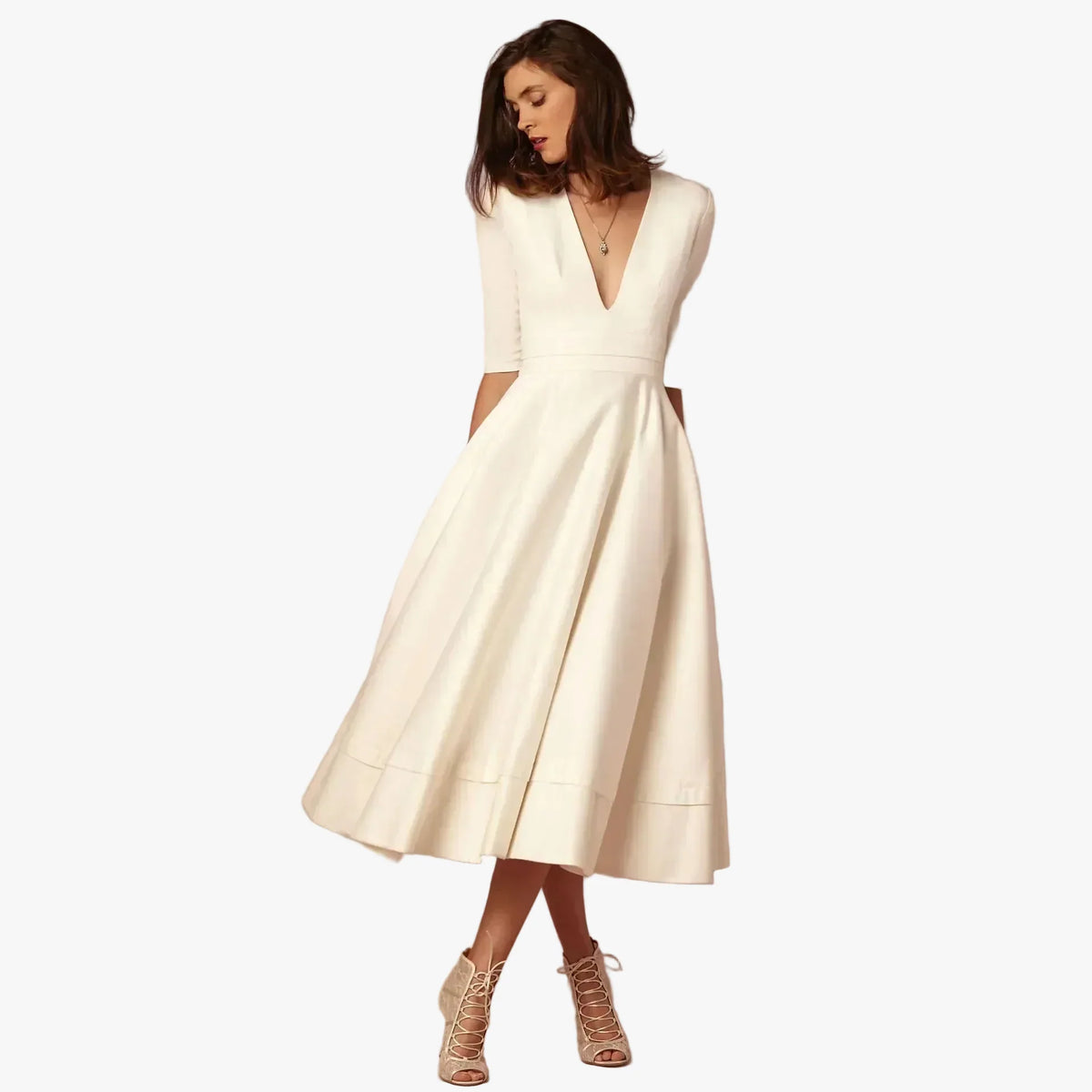 Woven Midi Dress with Deep V-Neck and Pleated Skirt