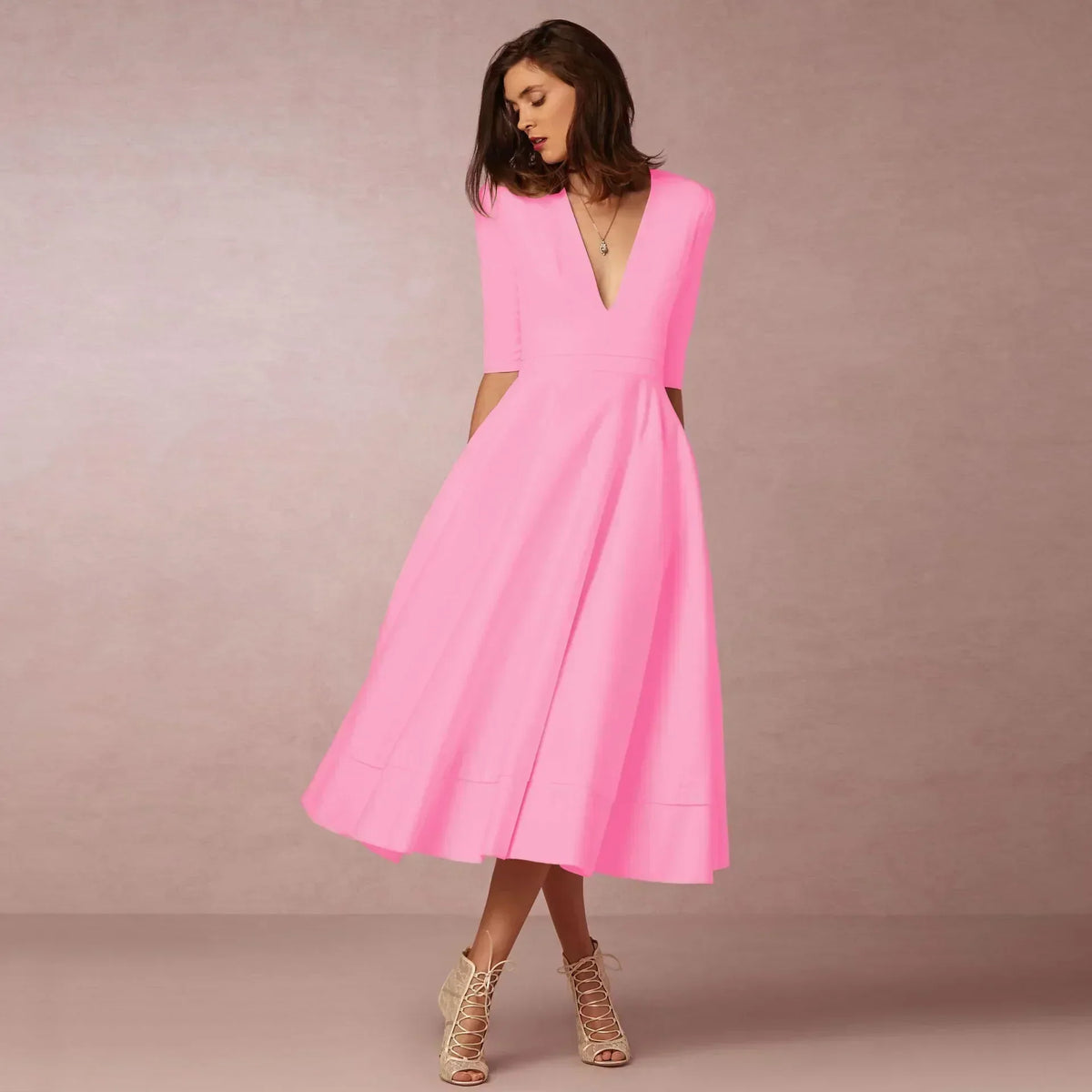 Woven Midi Dress with Deep V-Neck and Pleated Skirt