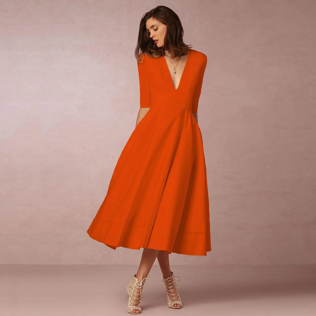 Woven Midi Dress with Deep V-Neck and Pleated Skirt