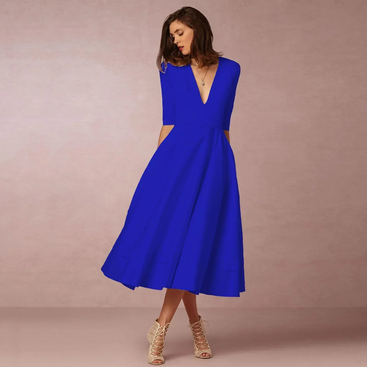 Woven Midi Dress with Deep V-Neck and Pleated Skirt