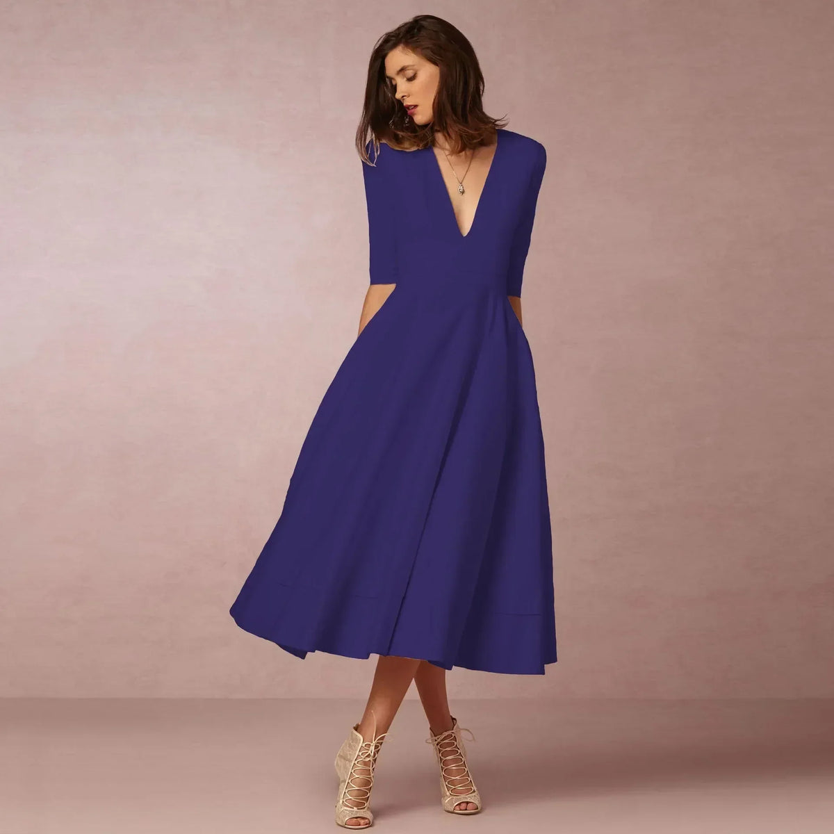 Woven Midi Dress with Deep V-Neck and Pleated Skirt