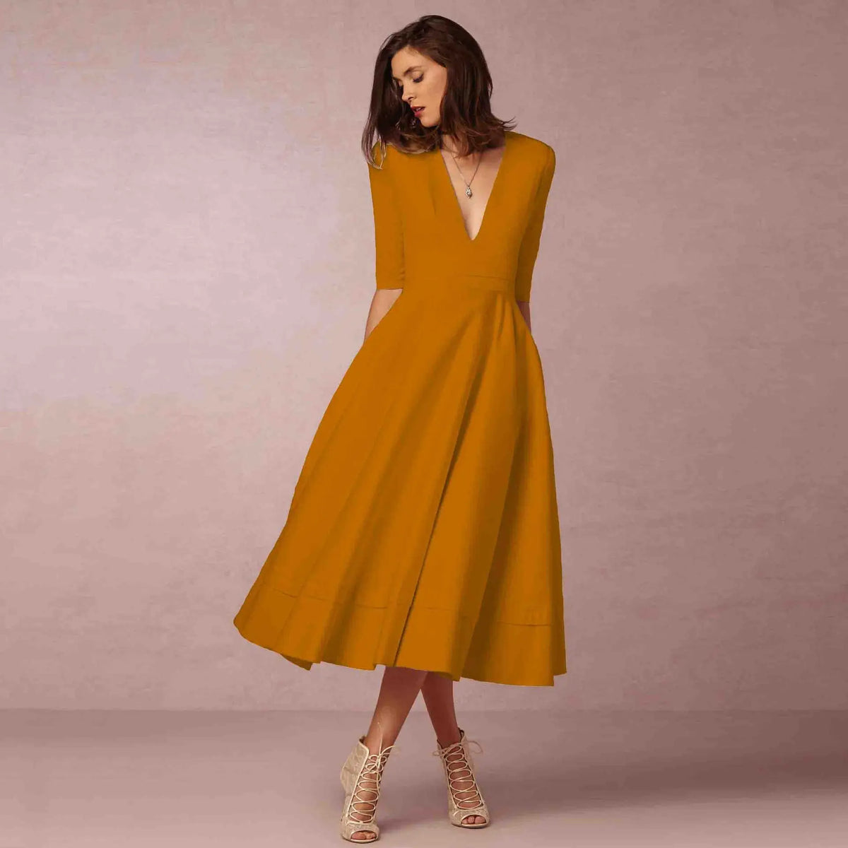 Woven Midi Dress with Deep V-Neck and Pleated Skirt