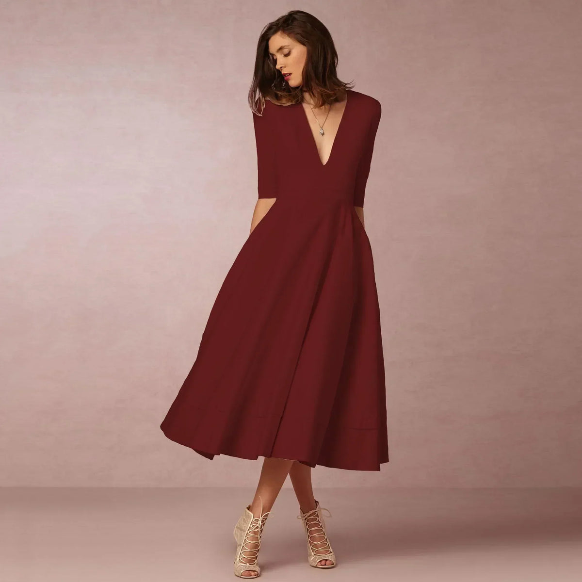 Woven Midi Dress with Deep V-Neck and Pleated Skirt