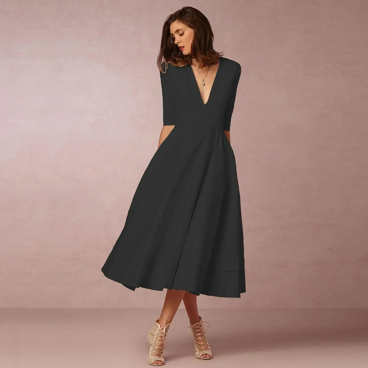 Woven Midi Dress with Deep V-Neck and Pleated Skirt