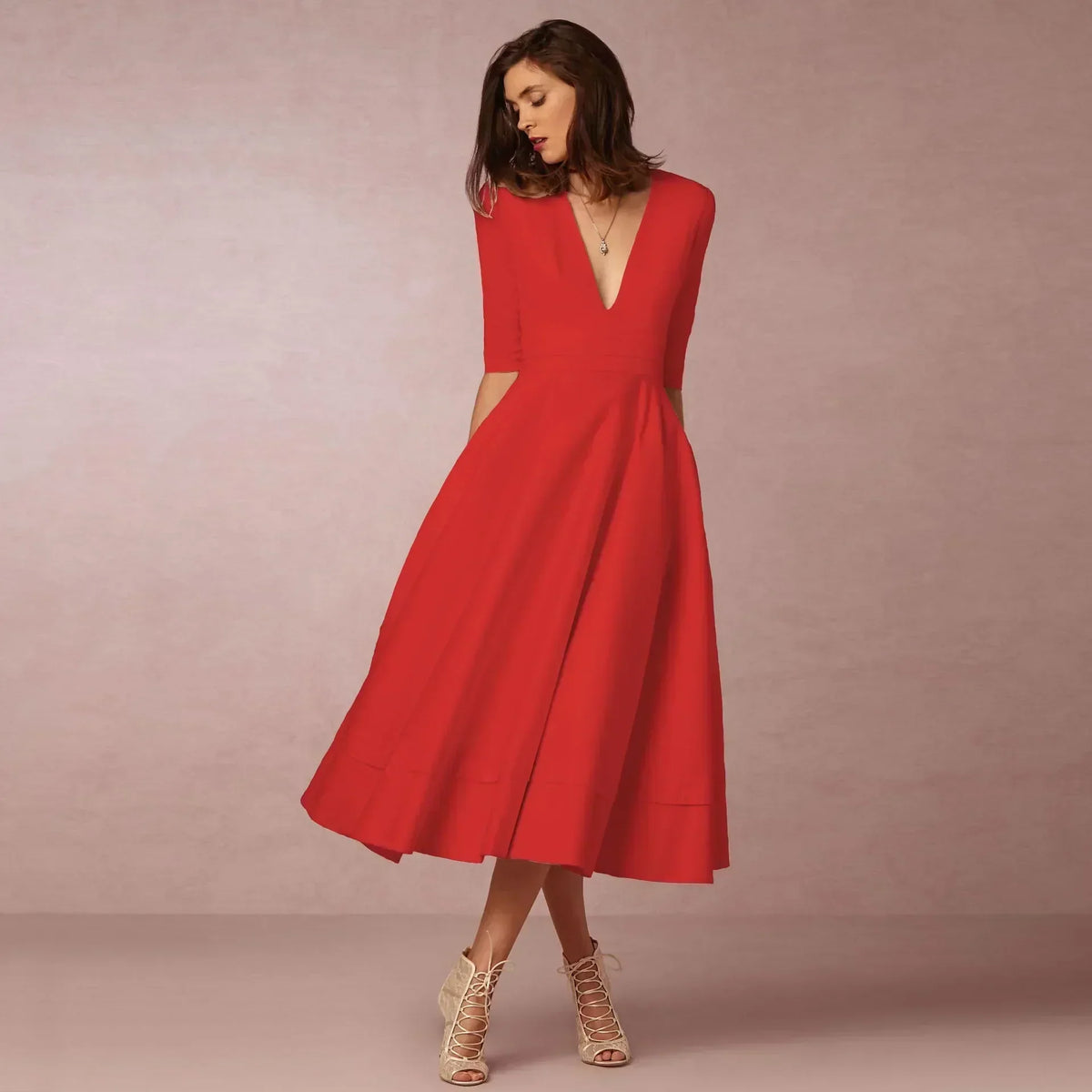 Woven Midi Dress with Deep V-Neck and Pleated Skirt