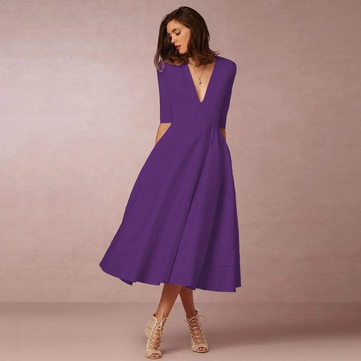 Woven Midi Dress with Deep V-Neck and Pleated Skirt