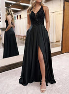 A-Line Satin Prom Dress — V-Neckline