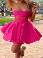 Rhinestone A-Line Satin Homecoming Dress — Pleated