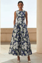 Navy Floral A-Line Wedding Guest Dress with Pockets