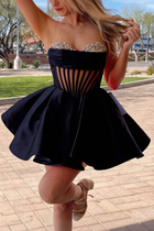 Rhinestone A-Line Satin Homecoming Dress — Pleated