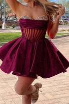 Rhinestone A-Line Satin Homecoming Dress — Pleated