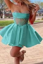Rhinestone A-Line Satin Homecoming Dress — Pleated
