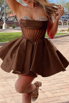 Rhinestone A-Line Satin Homecoming Dress — Pleated