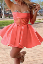 Rhinestone A-Line Satin Homecoming Dress — Pleated