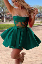 Rhinestone A-Line Satin Homecoming Dress — Pleated