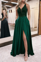 A-Line Satin Prom Dress — V-Neckline