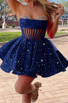 Rhinestone A-Line Satin Homecoming Dress — Pleated