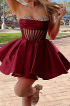 Rhinestone A-Line Satin Homecoming Dress — Pleated