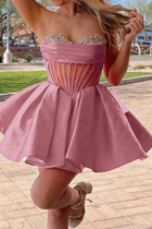 Rhinestone A-Line Satin Homecoming Dress — Pleated