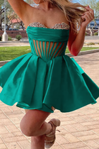 Rhinestone A-Line Satin Homecoming Dress — Pleated