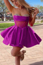 Rhinestone A-Line Satin Homecoming Dress — Pleated