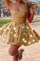 Rhinestone A-Line Satin Homecoming Dress — Pleated