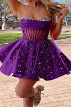 Rhinestone A-Line Satin Homecoming Dress — Pleated