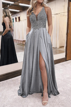 A-Line Satin Prom Dress — V-Neckline