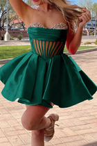 Rhinestone A-Line Satin Homecoming Dress — Pleated