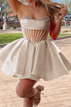Rhinestone A-Line Satin Homecoming Dress — Pleated