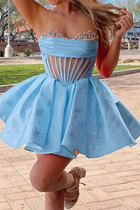 Rhinestone A-Line Satin Homecoming Dress — Pleated