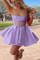 Rhinestone A-Line Satin Homecoming Dress — Pleated