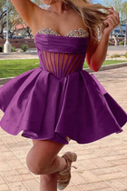 Rhinestone A-Line Satin Homecoming Dress — Pleated