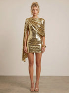 Mermaid Sequin Homecoming Dress — Cape-Sleeve Shoulders