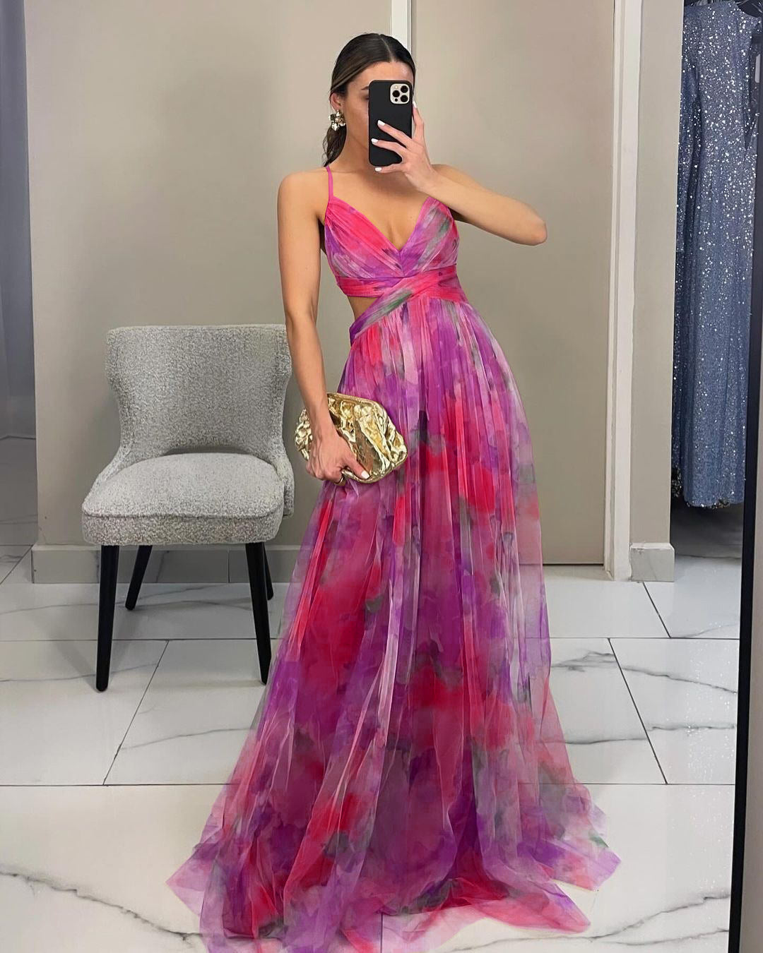Mesh Maxi Dress with Wrap Bodice and Tie Back