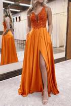 A-Line Satin Prom Dress — V-Neckline