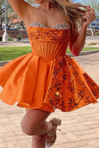 Rhinestone A-Line Satin Homecoming Dress — Pleated