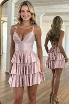 Rhinestone A-Line Satin Homecoming Dress — Ruffled