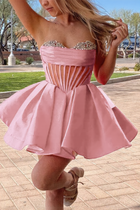 Rhinestone A-Line Satin Homecoming Dress — Pleated