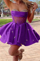 Rhinestone A-Line Satin Homecoming Dress — Pleated