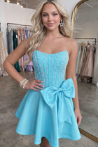 Bow-Accent A-Line Satin Homecoming Dress