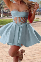 Rhinestone A-Line Satin Homecoming Dress — Pleated