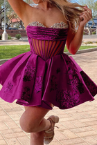 Rhinestone A-Line Satin Homecoming Dress — Pleated