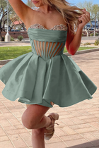 Rhinestone A-Line Satin Homecoming Dress — Pleated